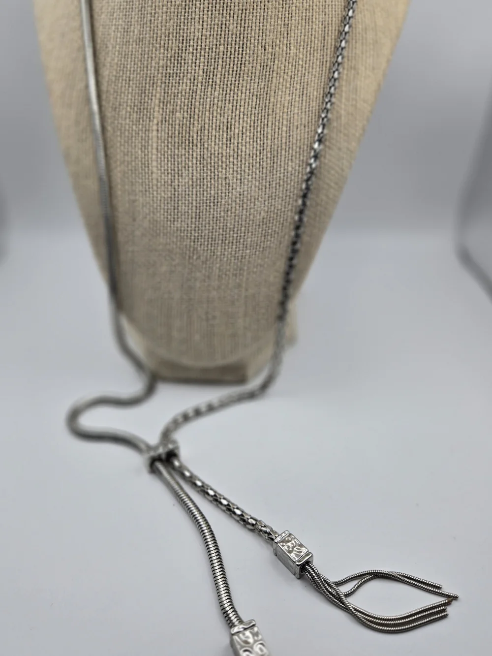 Chico's Silvertone Lariat Necklace Tassel Hammered Bar Rhinestone Accent Classic
